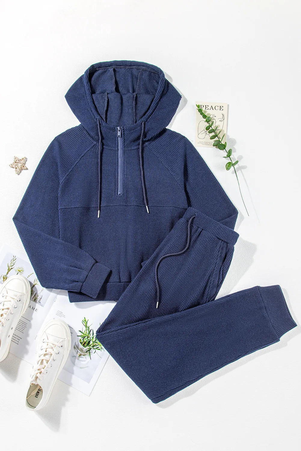 Drawstring Half Zip Hoodie and Joggers Active Set - Fashiofinesse