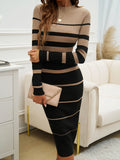 Color Block Round Neck Long Sleeve Midi Dress - Fashiofinesse