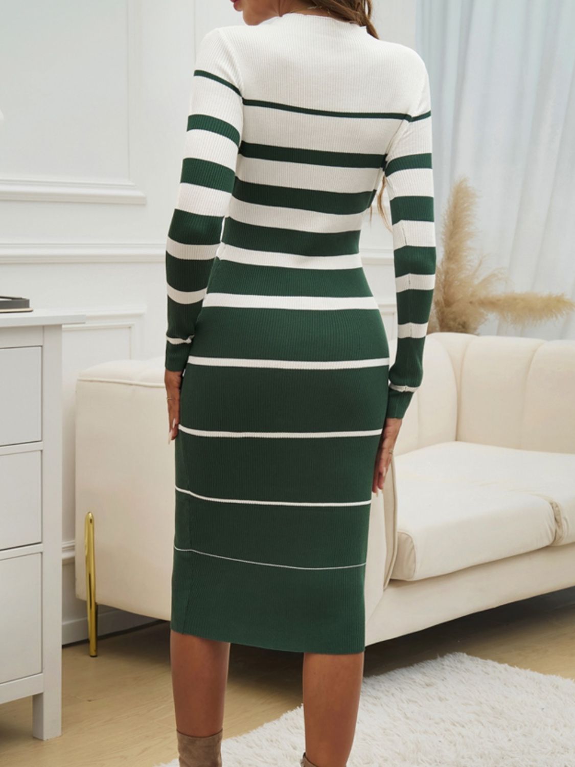 Color Block Round Neck Long Sleeve Midi Dress - Fashiofinesse