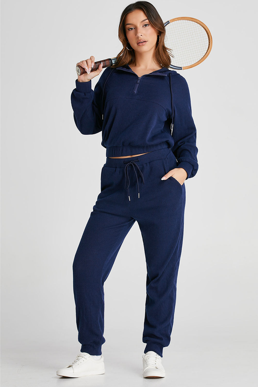Drawstring Half Zip Hoodie and Joggers Active Set - Fashiofinesse