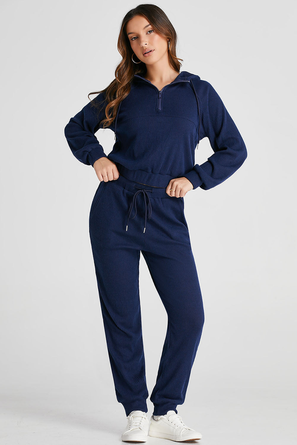 Drawstring Half Zip Hoodie and Joggers Active Set - Fashiofinesse