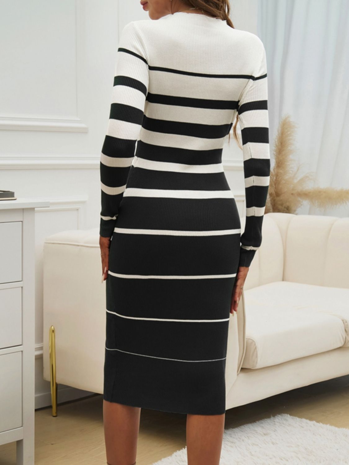 Color Block Round Neck Long Sleeve Midi Dress - Fashiofinesse