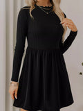 Frilled Neck Ribbed Knit Patchwork Long Sleeve Mini Dress