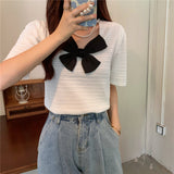 Sweet Turtleneck Round Neck Pearl Accessories Short Sleeve Sweater Bowknot Top Women