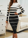 Color Block Round Neck Long Sleeve Midi Dress - Fashiofinesse