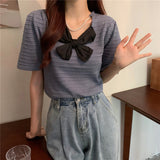 Sweet Turtleneck Round Neck Pearl Accessories Short Sleeve Sweater Bowknot Top Women