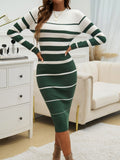Color Block Round Neck Long Sleeve Midi Dress - Fashiofinesse