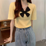 Sweet Turtleneck Round Neck Pearl Accessories Short Sleeve Sweater Bowknot Top Women