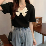 Sweet Turtleneck Round Neck Pearl Accessories Short Sleeve Sweater Bowknot Top Women