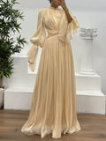 Pleated Mock Neck Long Sleeve Maxi Dress